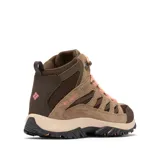Bota de senderismo para mujer marca Columbia, modelo Crestwood Mid WTPF en color marrón con detalles en rosado. Cuenta con empeine de cuero y malla impermeable, tecnología Omni-Tech para mayor protección contra el agua, entresuela TechLite que ofrece amortiguación y suela Omni-Grip para tracción en diversos terrenos.