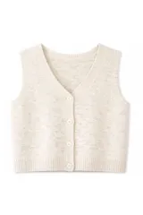 Chaleco de punto con cuello en V y cierre frontal de botones. Presenta un diseño tejido con destellos brillantes integrados en el material.