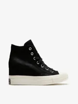 Championes Converse Chuck 70 Wedge Hi negros de caña alta, con plataforma blanca y cordones negros.