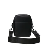 Morral de cuero sintético negro con textura granulada, cierre superior y logo metálico frontal. Incluye correa ajustable y extraíble de cinta técnica.