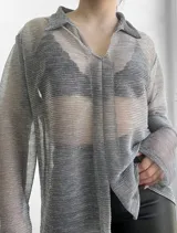 Blusa plateada traslúcida con cuello camisero y mangas largas.