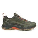Championes de senderismo Merrell modelo Speed Strike 2 Waterproof, color verde oliva con detalles en naranja y suela marrón. Diseño técnico con malla y cuero sintético, membrana impermeable y suela de goma de alta tracción.
