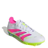 Championes de fútbol Adidas Predator League, unisex, color blanco con detalles en rosa, amarillo y celeste.