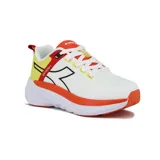 Championes deportivos Diadora modelo Bresh, color blanco con detalles en amarillo, rojo y naranja. Presentan una capellada de malla transpirable y una suela gruesa con entresuela naranja y detalles en la puntera.