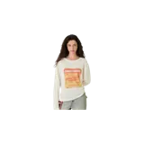 Remera de manga larga color blanco arena, con cuello redondo y estampado gráfico central en tonos rojos y amarillos con la inscripción 'Eme Studios Fragile Not For Sale'.