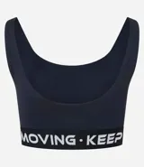 Top deportivo azul con breteles anchos, copas desmontables, recorte en el busto y banda elástica inferior color borgoña con letras blancas.