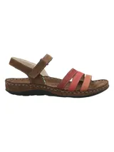 Sandalia de cuero modelo Parklands de RKF, con tiras delanteras en tonos rojo, rosado y salmón, y estructura principal en color marrón. Posee cierre con tira ajustable en el talón y suela con efecto corcho y base de goma.