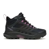 Bota de trekking Merrell modelo Speed Strike 2 Mid, diseñada para senderismo con membrana impermeable. Presenta una combinación de malla y cuero sintético en color negro con detalles en violeta, suela de goma con tracción duradera y cierre mediante cordones.