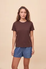 Remera básica marrón de manga corta, con cuello redondo y corte regular.