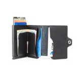 Billetera compacta marca Baleine, modelo Kansas Zipper Full, confeccionada en cuero genuino color negro con estructura interna de aluminio. Cuenta con sistema de deslizamiento para tarjetas, protección RFID, compartimento para billetes y cierre con broche a presión.