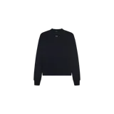 Buzo negro Off-White de cuello redondo, manga larga y calce holgado, con pequeño estampado tipográfico en el pecho y diseño gráfico en la espalda.