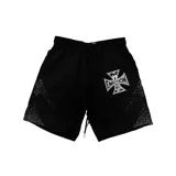 Short de nylon negro con cintura elástica y cordón ajustable. Presenta un estampado gráfico de cruz estilo Iron Cross con la inscripción "Mixed Emotion" en la pierna izquierda y detalles de strass o tachas plateadas en los laterales.