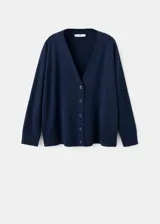 Cardigan azul marino de punto, con escote en V, mangas largas y cierre frontal de botones.
