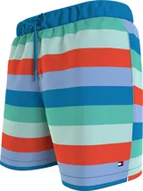 Short de baño Tommy Hilfiger con estampado a rayas horizontales en tonos celeste, azul, verde y naranja.