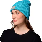 Gorro tipo beanie de tejido acanalado color turquesa, con parche de cuero sintético con el logo de la marca Columbia en el frente.