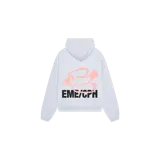 Hoodie oversize gris melange de la marca Eme Studios, con capucha y bolsillo canguro. Presenta un estampado en la espalda que combina un gráfico lineal rosado de un ave y el texto "EME/CPH" en color negro.