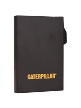 Billetera rígida de aluminio color negro con sistema de extracción de tarjetas y logo de la marca en color dorado.