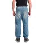 Pantalón de trabajo impermeable tipo jogger de denim, color azul con efecto deslavado, cintura elástica con cordón y puños elásticos en los tobillos.