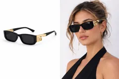 Lentes de sol rectangulares con marco negro y patillas con detalle metálico dorado en forma de greca.
