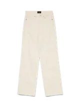 Pantalón de jean de corte recto y tiro alto, color beige claro, con cierre de botón y cremallera, bolsillos laterales y traseros.