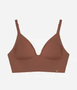 Soutien top Lov confeccionado en microfibra liviana de color marrón, con escote en V, breteles finos regulables, copa con relleno desmontable y base ancha.