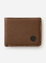 Billetera de cuero marrón, con costuras contrastantes y detalle de pin metálico redondo con el logo de la marca en la esquina inferior.