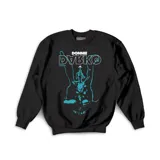 Buzo de cuello redondo color negro con estampa frontal en color turquesa inspirada en la película Donnie Darko, con diseño gráfico de silueta y tipografía.