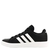 Championes urbanos Adidas Grand Court Base 2.0, color negro con las tres tiras características en blanco y suela de goma blanca. Diseño clásico con cordones.