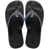 Ojotas Havaianas New Urban Way negras con tiras de tela rayadas en azul y blanco.