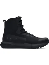 Bota táctica de caña alta Under Armour, modelo Valsetz, en color negro. Presenta un diseño robusto con refuerzos sintéticos en zonas de alta abrasión, entresuela Charged Cushioning para mayor amortiguación y suela Vibram XS Trek para tracción superior en diversos terrenos.