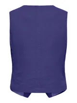 Chaleco sastrero azul con escote en V, cierre frontal con botones y bolsillos laterales. Confeccionado en lino y viscosa, de tejido ligero y elegante.