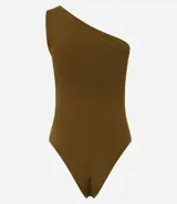 Body de microfibra con diseño asimétrico de un solo hombro y sin mangas, confeccionado en tejido elástico de poliamida.