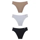 Pack de tres bombachas bikini de microfibra en color negro, blanco y beige.