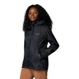 Campera impermeable Columbia modelo Arcadia II, color negro, con tecnología Omni-Tech, costuras selladas, capucha ajustable, cierre frontal y bolsillos laterales con cremallera.