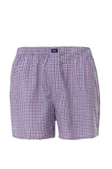 Calzoncillo tipo bóxer de tela a rayas verticales azules y blancas, con cintura elástica y logo de la marca en la parte delantera.