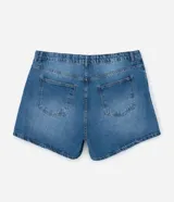 Short mom de jeans azul con bordado richelieu en el ruedo.