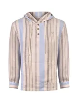 Buzo de lino RKF para hombre, con capucha, cordón ajustable, cierre frontal parcial con botones y bolsillo tipo canguro. Presenta un diseño de rayas verticales en tonos beige, celeste y marrón claro.