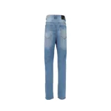 Pantalón de jean corte recto en color azul claro con efecto lavado. Cuenta con diseño clásico de cinco bolsillos, cierre frontal con cremallera y botón metálico.