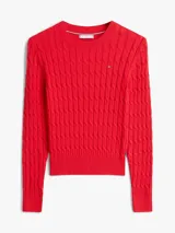 Sweater Tommy Hilfiger de punto con diseño de cable, color rojo, con cuello redondo, manga larga y el logo de la marca bordado en el pecho.