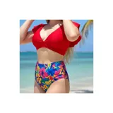 Conjunto de bikini United Uy modelo Tiro Alto Ani, compuesto por un corpiño rojo liso de tipo triángulo con mangas cortas con volados y una bombacha de tiro alto con estampado floral sobre base azul.
