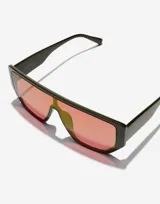 Lentes de sol unisex Hawkers modelo Metro, con montura cuadrada color verde oscuro y lentes espejados color fucsia.