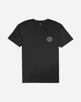 Remera negra de manga corta con cuello redondo, confeccionada en algodón, con pequeño estampado circular en el pecho y diseño de marca en la espalda.