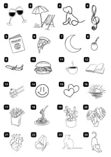 Remera blanca de algodón con cuello redondo y estampado de dibujos minimalistas en negro que representan objetos y actividades cotidianas.