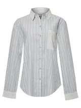 Camisa de manga larga celeste con rayas verticales blancas, cuello camisero, cierre con botones y bolsillo en el pecho.