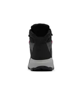 Bota de trekking Columbia modelo Newton Ridge, color gris oscuro con detalles en negro y cordones con toques naranjas. Presenta empeine de ante impermeable, herrajes metálicos y suela de caucho de alta tracción.