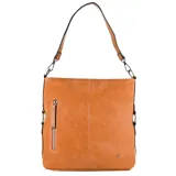 Cartera bandolera color marrón de cuero sintético, con correa larga regulable. Tiene un bolsillo frontal con cierre y el logo de la marca en la parte inferior.