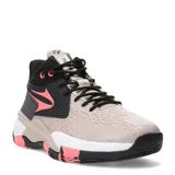 Championes de básquet Topper Flight color beige con detalles en negro y rosa. Presentan cordones negros y logo de la marca en el lateral.