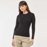 Sweater de punto acanalado en color negro, con cuello redondo y mangas largas ajustadas.