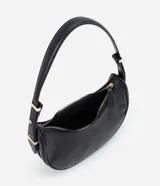 Bolso baguette de formato media luna de la marca Satinato, color negro, con correa de hombro ajustable con detalles metálicos dorados y cierre de cremallera.