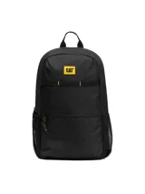 Mochila Caterpillar modelo Liam Backpack, color negro, con compartimento principal con cierre, bolsillo frontal con cierre, bolsillos laterales de malla y detalles en amarillo.